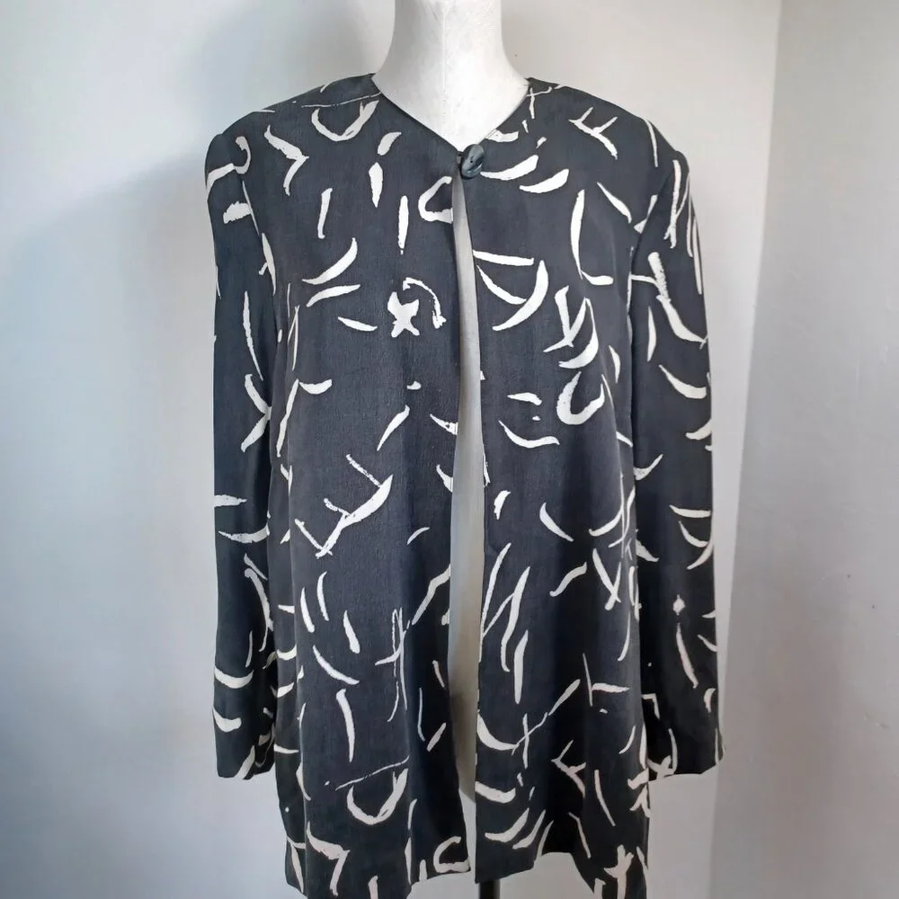 Doncaster Blazer Jacket Black Cream Abstract Print One Button‎ Lined Womens 16